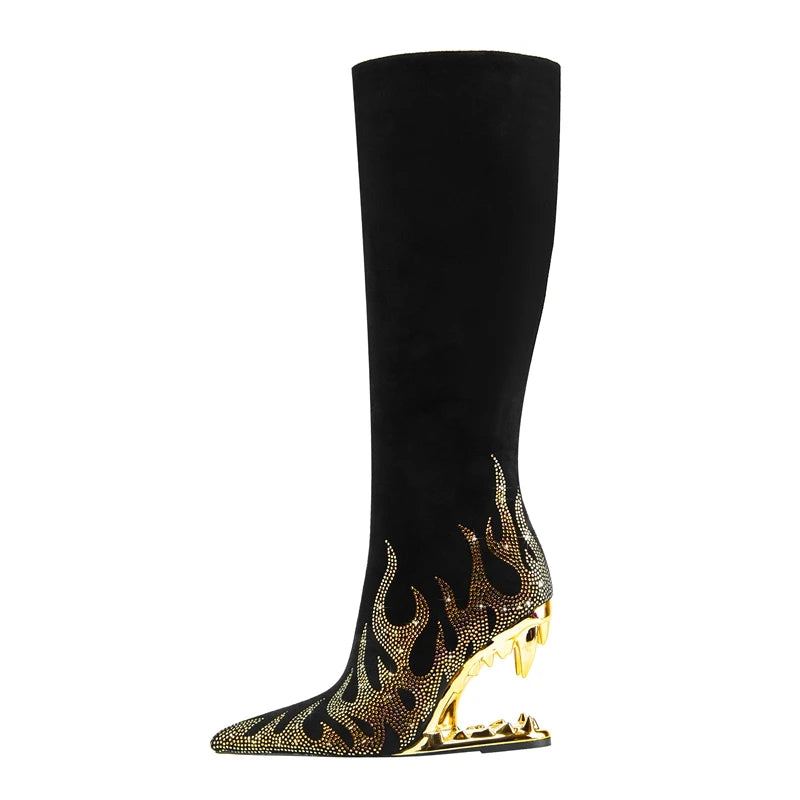Kaky's New Pointed Rhinestone Wolf Teeth High Heel Women's Boots Large Long Boots High Barrel Boots Fashion Boots