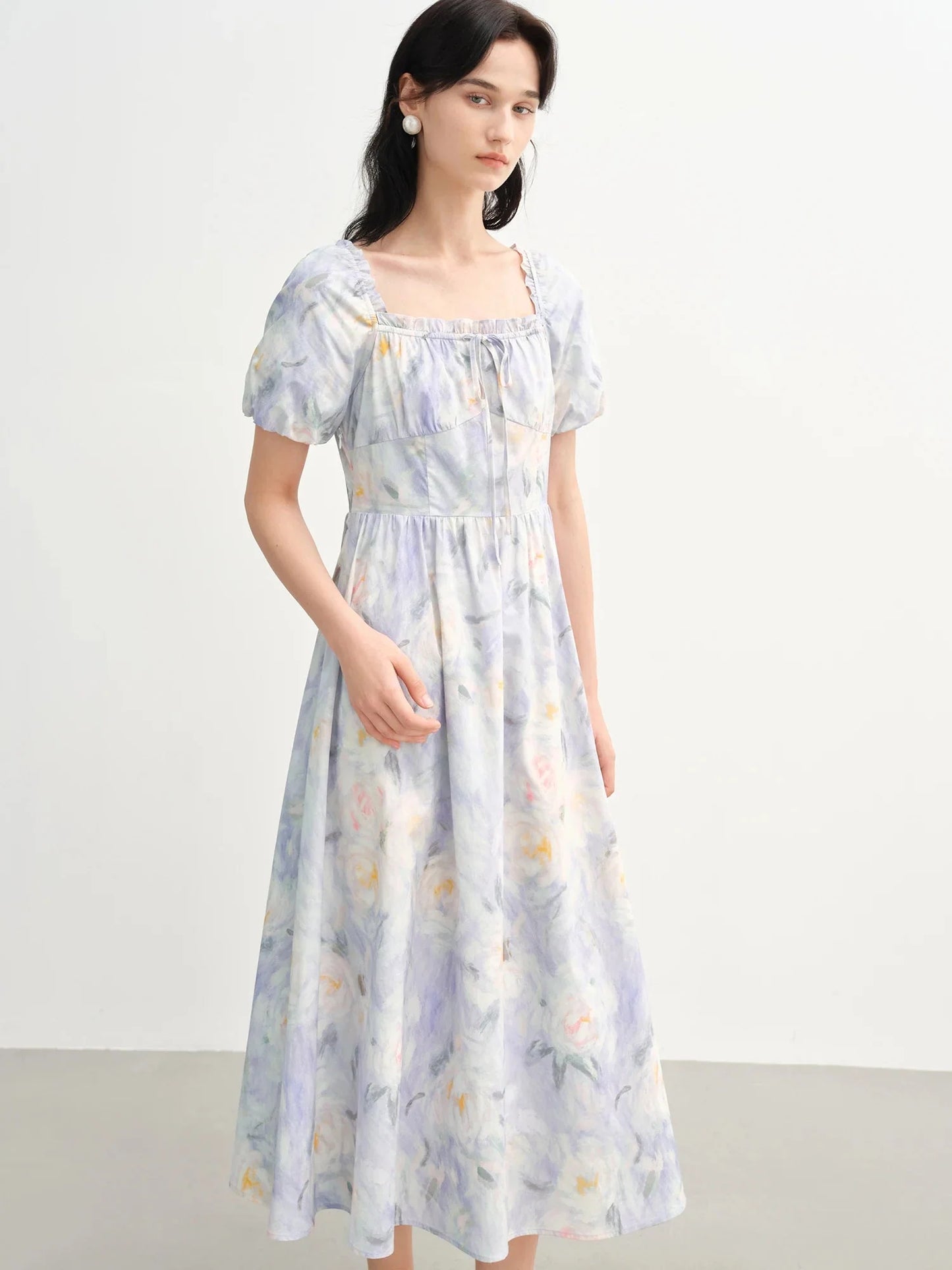 French Romantic Painting Summer Dress Sweet Waist Midi
