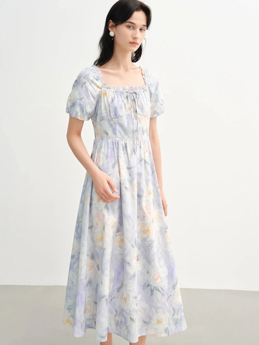 French Romantic Painting Summer Dress Sweet Waist Midi