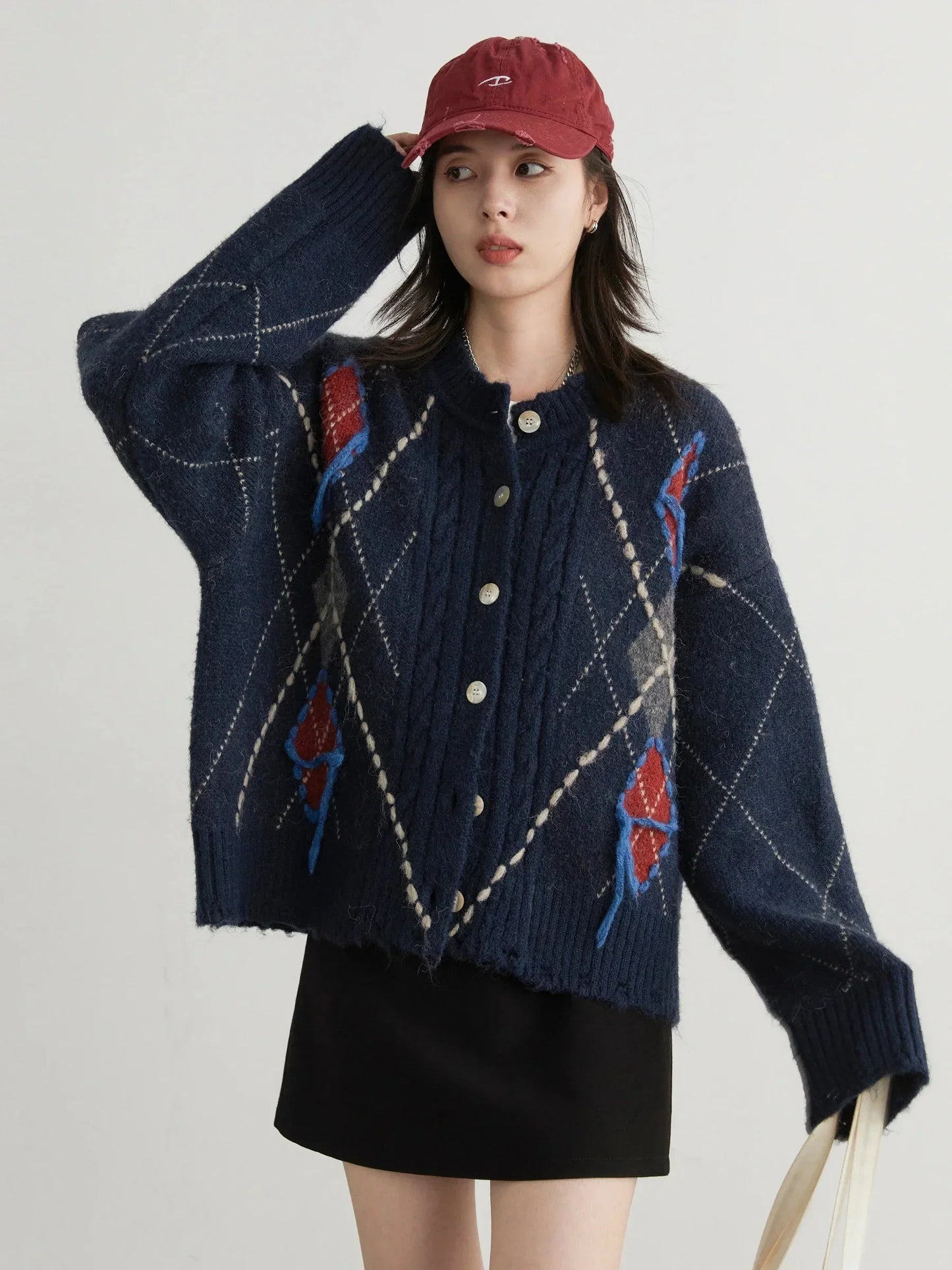 Vintage Diamond Knit Cardigan Warm Autumn Winter Sweater