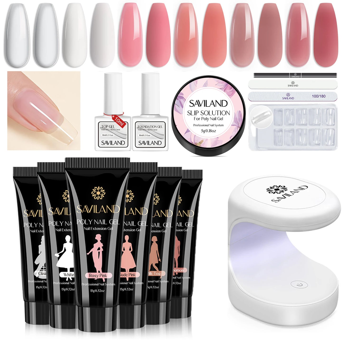 SAVILAND Poly Gel Nail Kit with UV Lamp Starter Set Fast Cure No Lifting Purple Pink Gel with Nail Tips for Beginners Home Salon