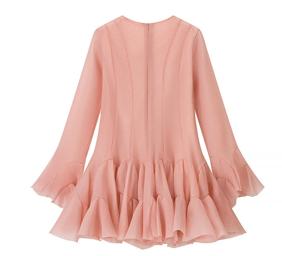 Women's Fashion Ruffled Hem Patchwork Short Dress Blush Pink Ruffled Mini Dress For Women Sleeves Front Button Hem Fashion T0PU