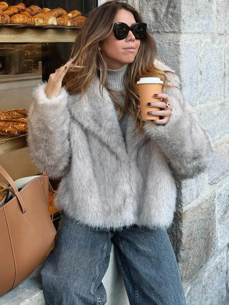 Cropped Faux Fur Coat Long Sleeve Front Snap-button Female Outerwear Chic Lapel Collar Thick Coat
