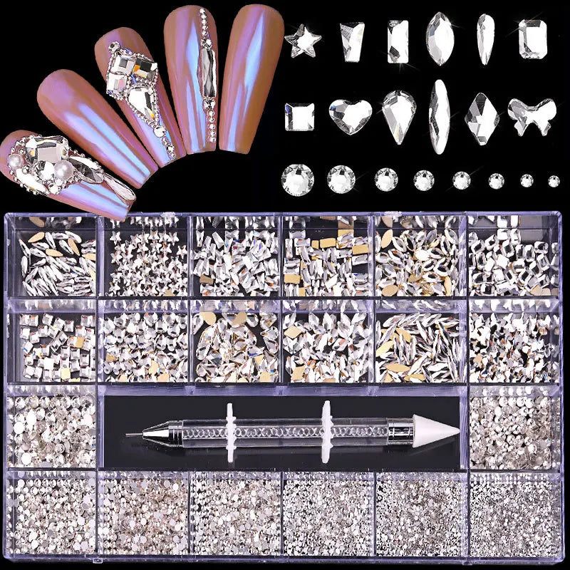 2500pcs Glass Crystal Diamond Flat Bottom Rhinestones Nail Art Decorations 21 Grid Box Nails Accessories Set With 1 Pick Up Pen