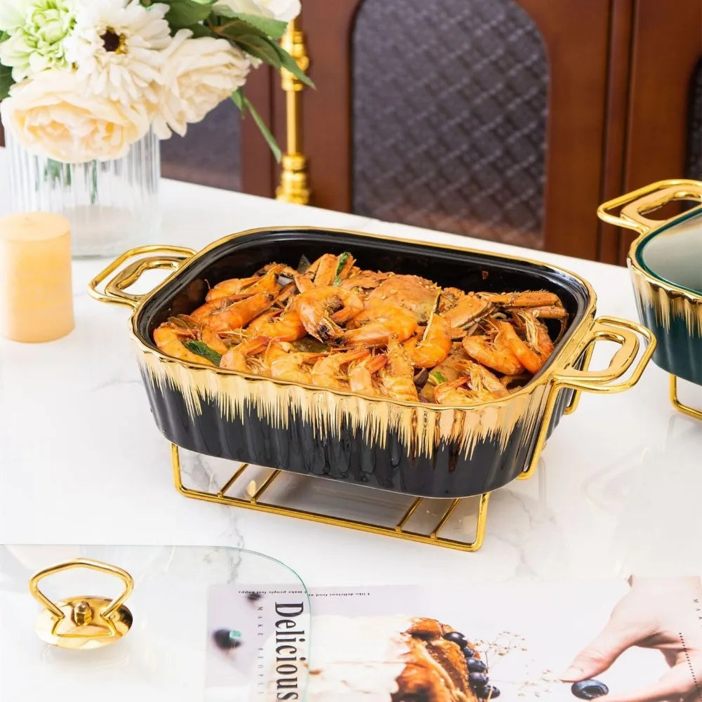 3 Piece Set Ceramic Chafing Dishes Buffet Set, Luxury Black Ceramics Chafer with Gold Trim, Chafer and Buffet Warmer Set