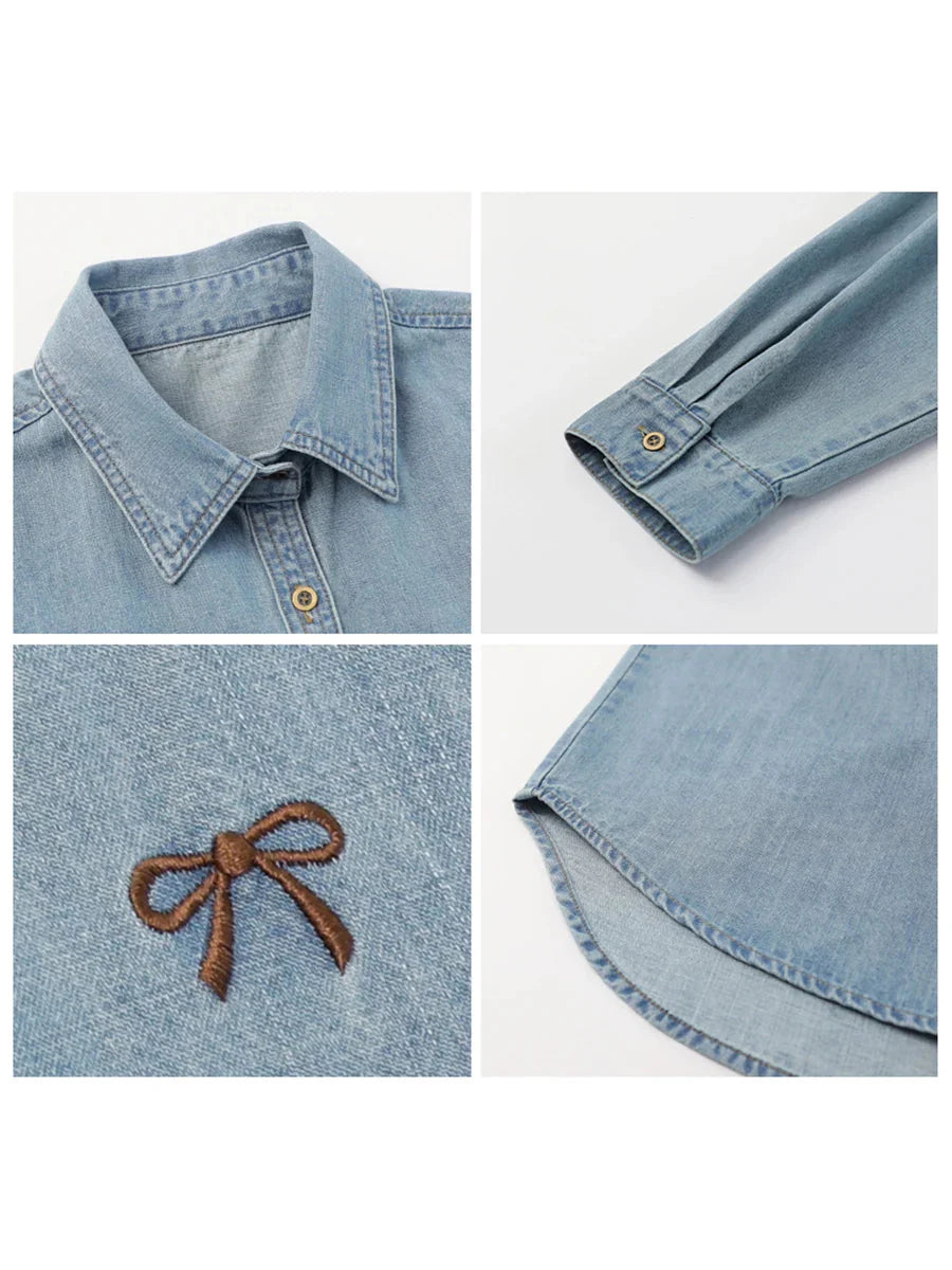 Bow Embroidered Denim Shirt Loose Blue Blouse