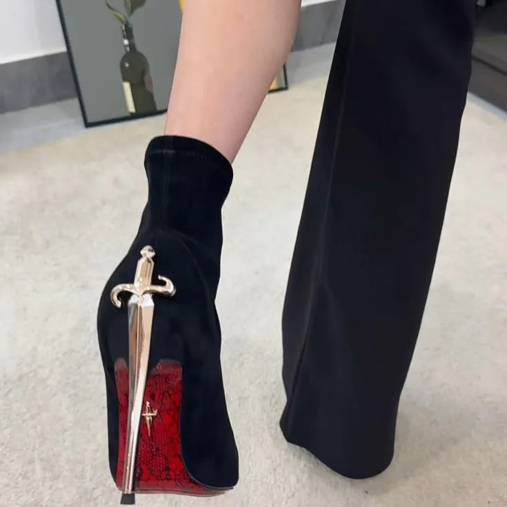 Ladies' Short High Heels Velvet Surface Red Bottom Boots Sharp Point Elastic Boots Gold Dagger Staff Boots Winter Fashion Boots