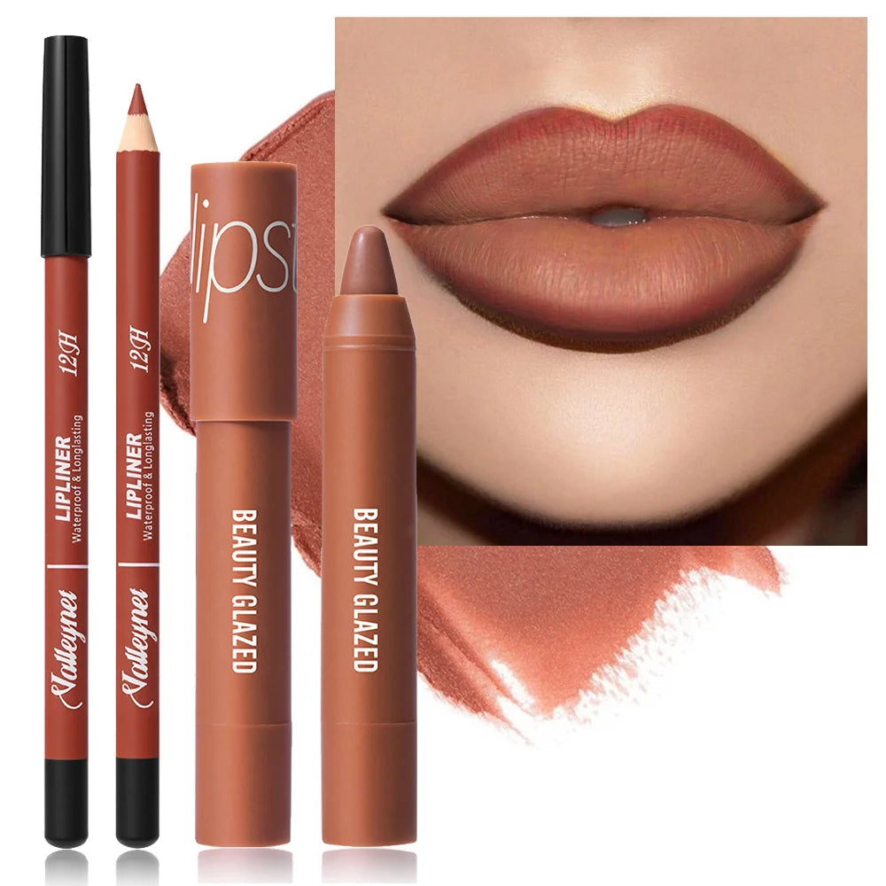 2Pcs/Set Lipliner + Lipstick Matte Waterproof Long-Lasting Lip Color Set - Lip Liner + Moisturizing Lipstick Cosmetics