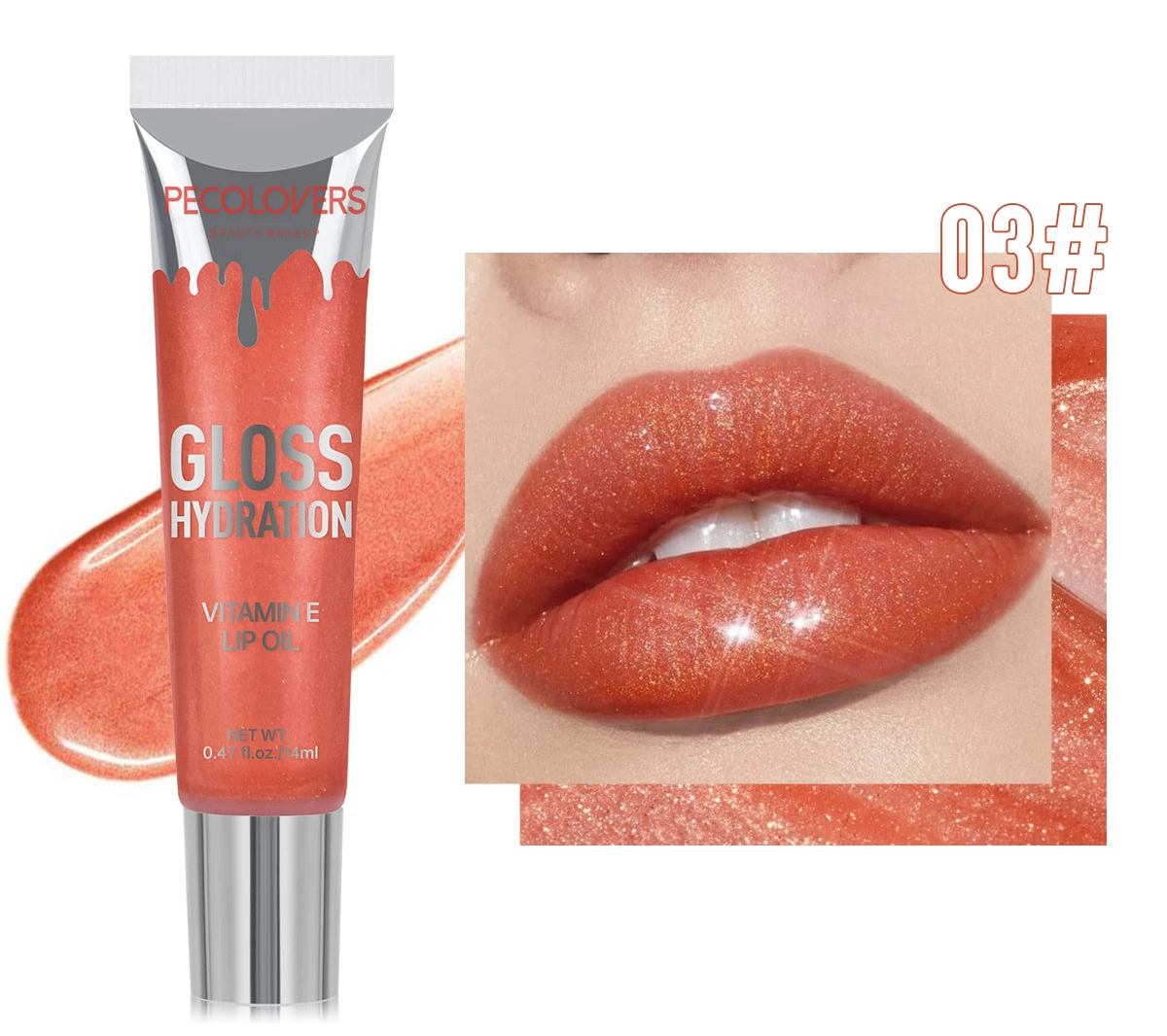 Lip gloss with a close-up of lips wearing the product, branded 'PECOLOVERS'.