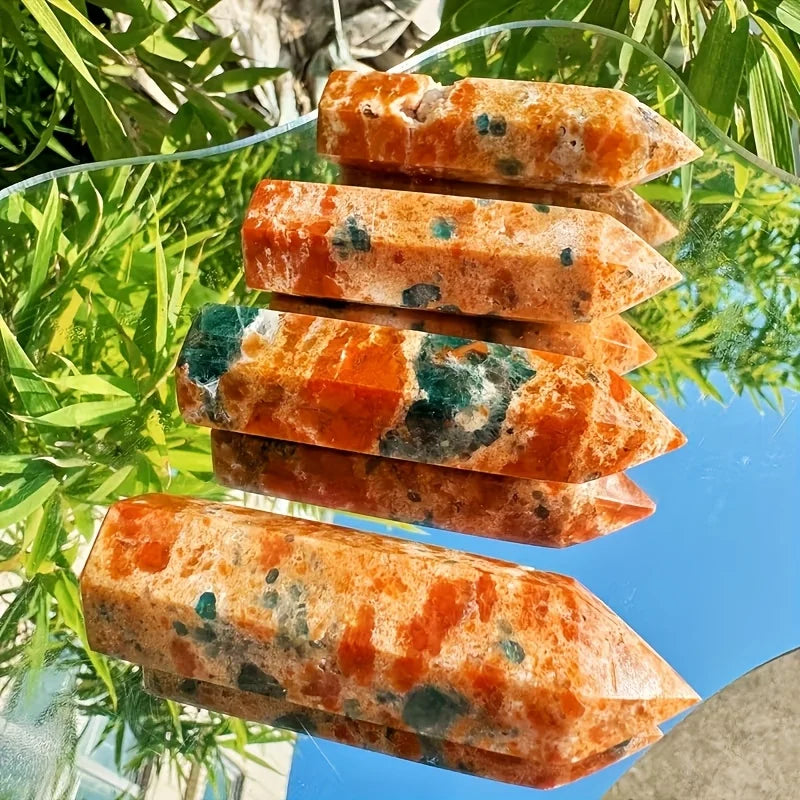 One Piece of Unique Blue Apatite Combined with Sunstone in a Crystal Tower Form - a Natural Gradient from Orange to Blue