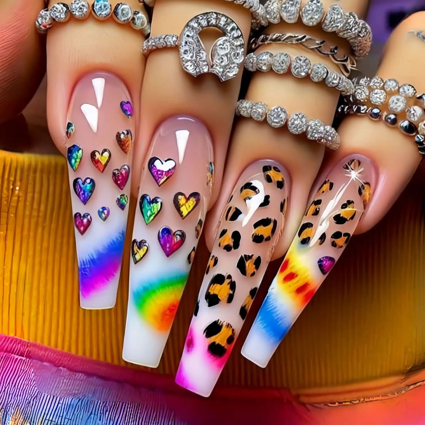 Medium long fake nails for women girls Y2K colorful gradient leopard print Pink green coffee coffin tips press on false nail set
