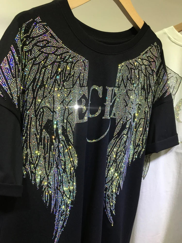 L-4XL Oversize Rhinestone Angel Wings Harley T-Shirt Clothing for Women Men Hip Hop Streetwear Loose Short Sleeve Brand T-shirt