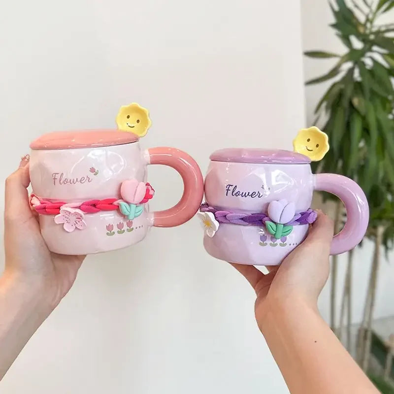 390ML Hand-Painted Flower Tea Cup Ceramic Mug Lid with Spoon Office Drinkware Cups Tea Coffee Milk Juice Bottle Creative Gift