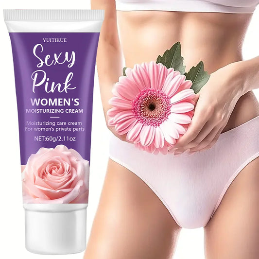 Tube of 'Sexy Pink Women's Moisturizing Cream' with a pink flower and a person in white underwear.