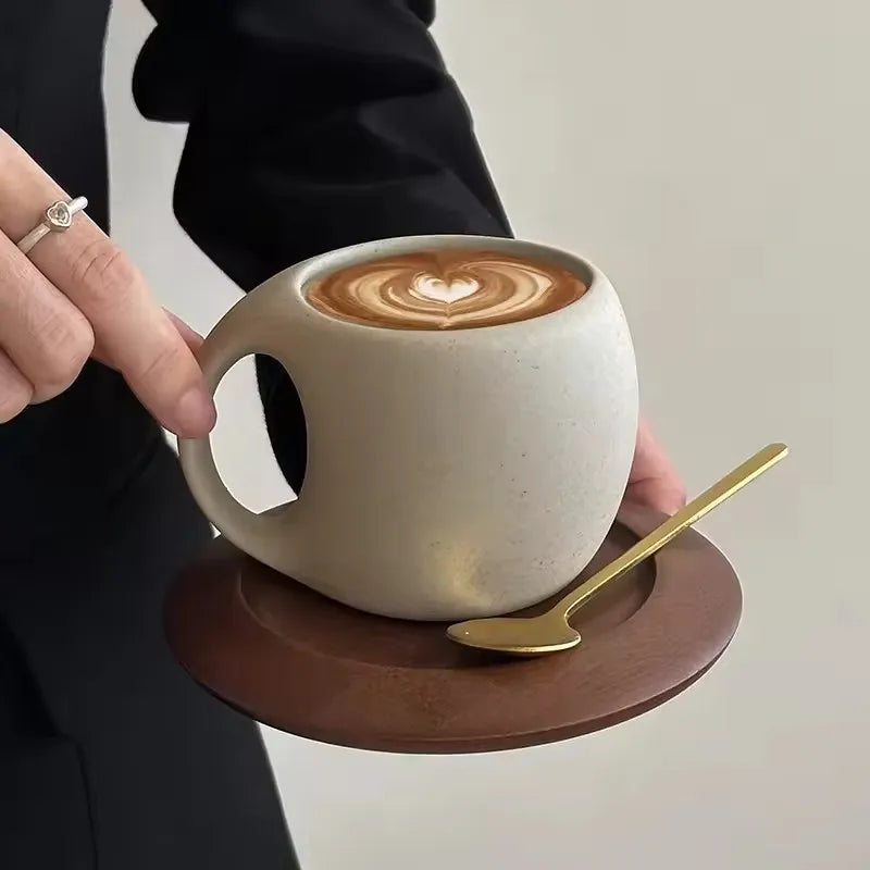 1-2 Sets Ceramic Coffee Cup and Plate Set Vintage Latte American Coffee Cup Wooden Coaster