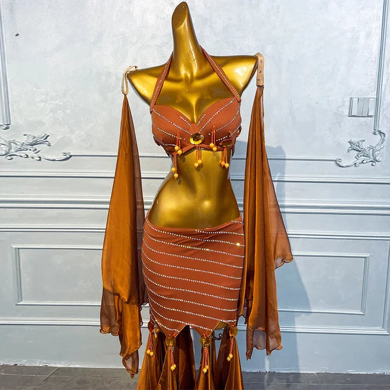 Belly Dance Costume Women Customized Luxury Rhinestone High-end Satin Performance Set Girls' Oriental Dance Competition Clothing