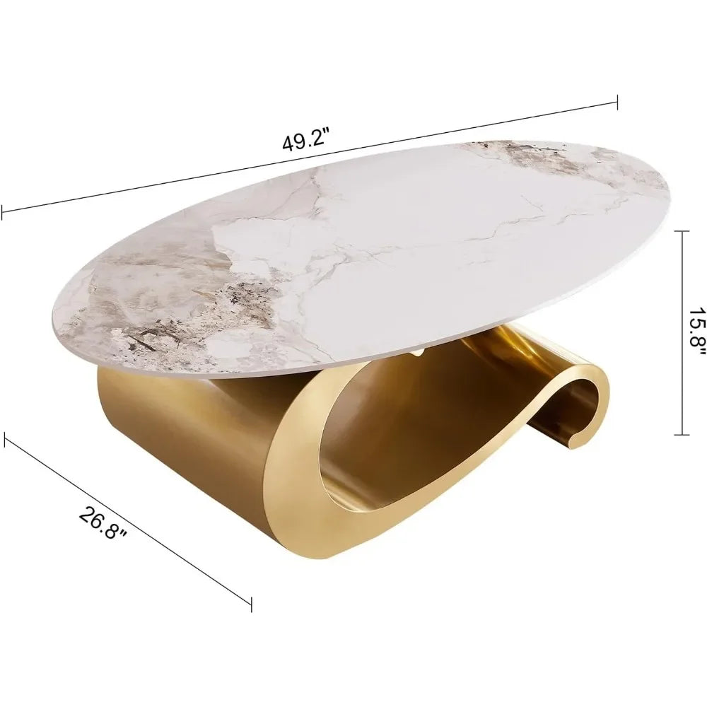 49.2-Inch Modern Oval Faux Marble Coffee Table with Sturdy Gold Metal Base - Luxury Living Room Furniture for Home Decor