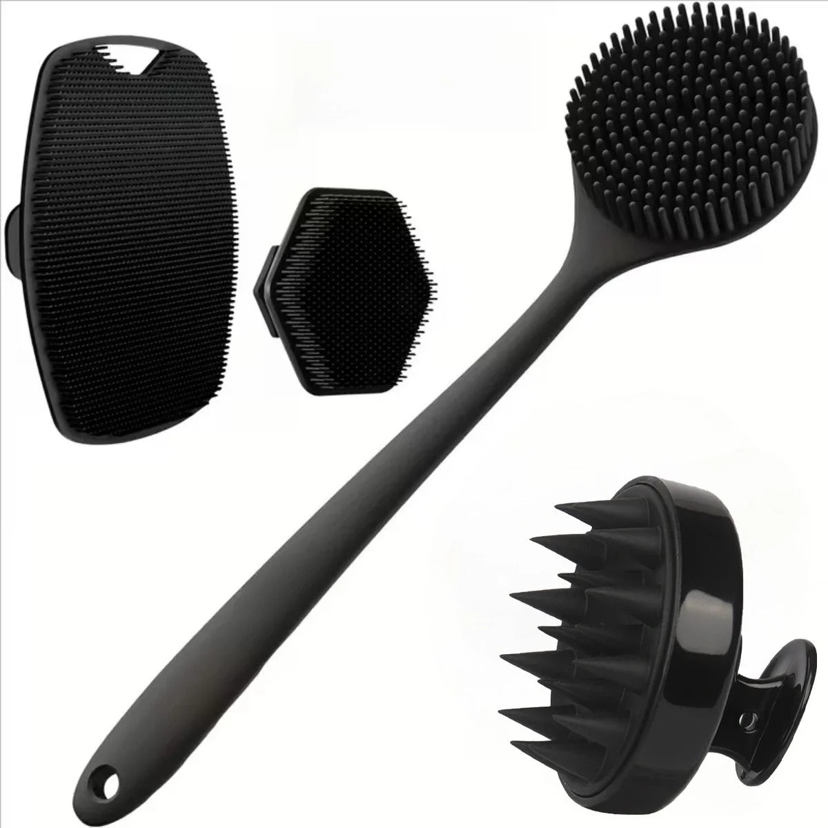 Set of black grooming brushes on a white background