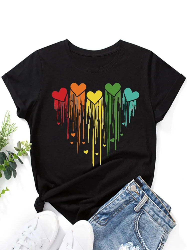 Colorful Dripping Love Print New Fashion Women  Tops Harajuku Women Clothing Graphic T Shirts Summer polyester fabric