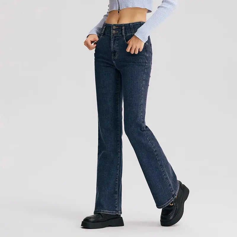 Women's High-Waist Flared Jeans Long Fleece Trousers