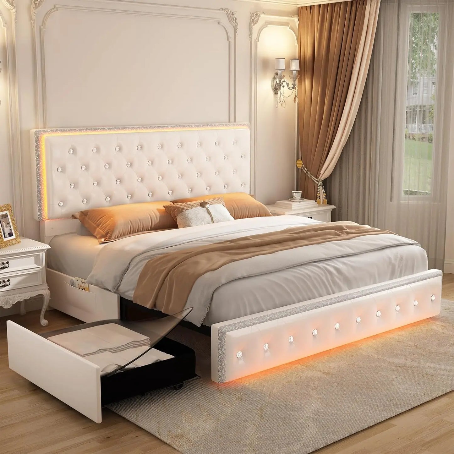 LED Bed Frame with 2 Drawers, Storage Platform Beds with Upholstered Crystal Button Tufted Headboard Footboard, 2 Side