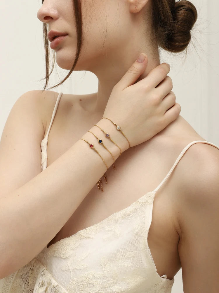 E.B.belle Colorful Round Zircon Birthstone Snake Chain Adjustable Bracelet Chain Gold Plated Stainless Steel Women Chic Jewelry