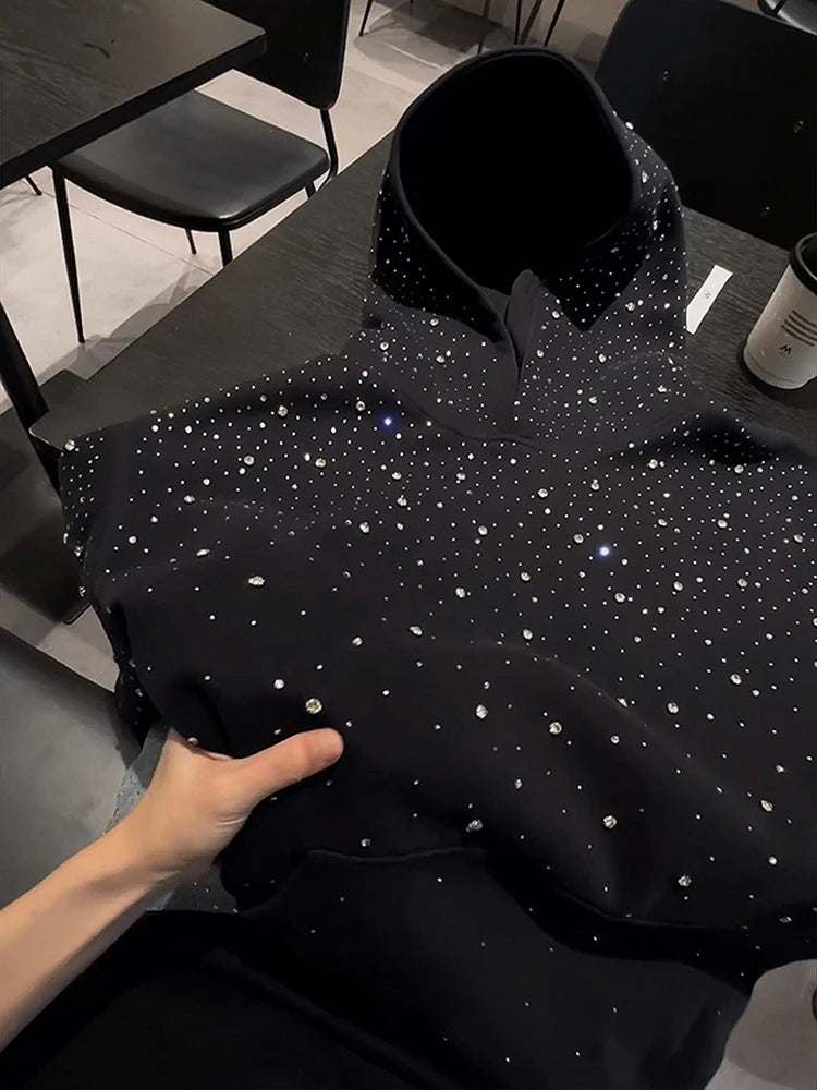 Heavy Duty Street Hoodie with Shoulder Pads and Sparkling Rhinestones
