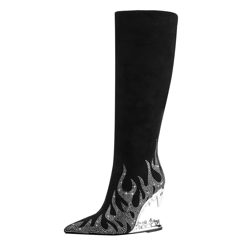 Kaky's New Pointed Rhinestone Wolf Teeth High Heel Women's Boots Large Long Boots High Barrel Boots Fashion Boots