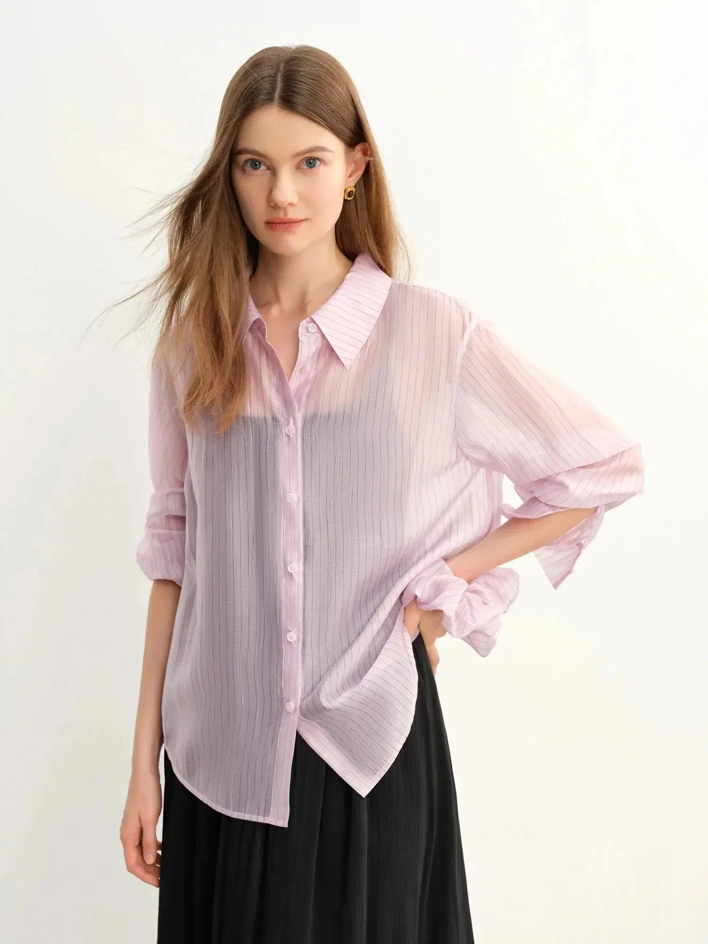Plus Size Striped Sheer Long-Sleeve Blouse