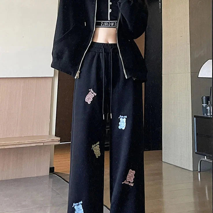 Kawaii Bear Embroidered Drawstring Pants