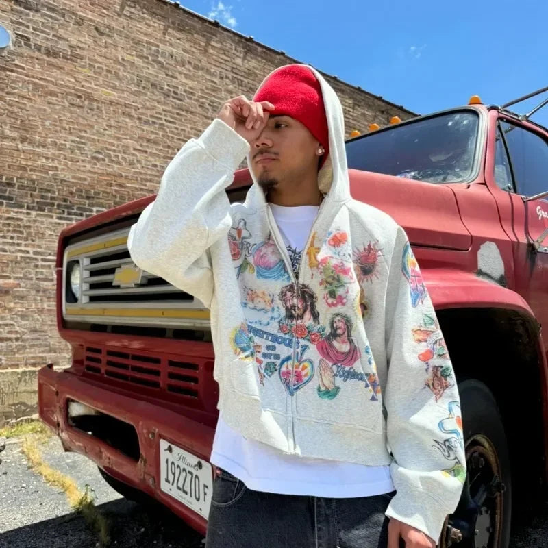 Street clothing retro pattern printed loose fitting men hoodie Gothic rock Harajuku men and women sportswear zippered hoodie