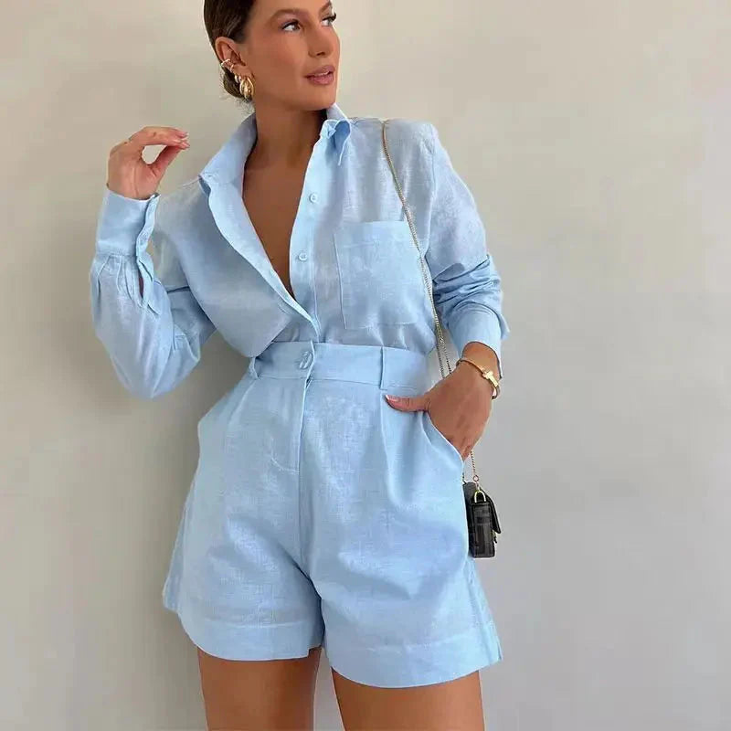 Cotton Linen Shirt & High-Waist Shorts Set