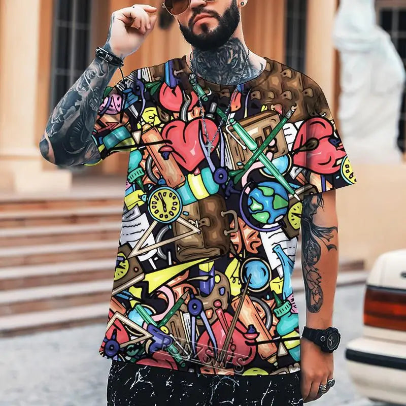 New Fun Graffiti Street T-shirt 3D Printed Men's Hip Hop Summer Cool Tee shirt Casual Youth Popular Personality Short Sleeve Top