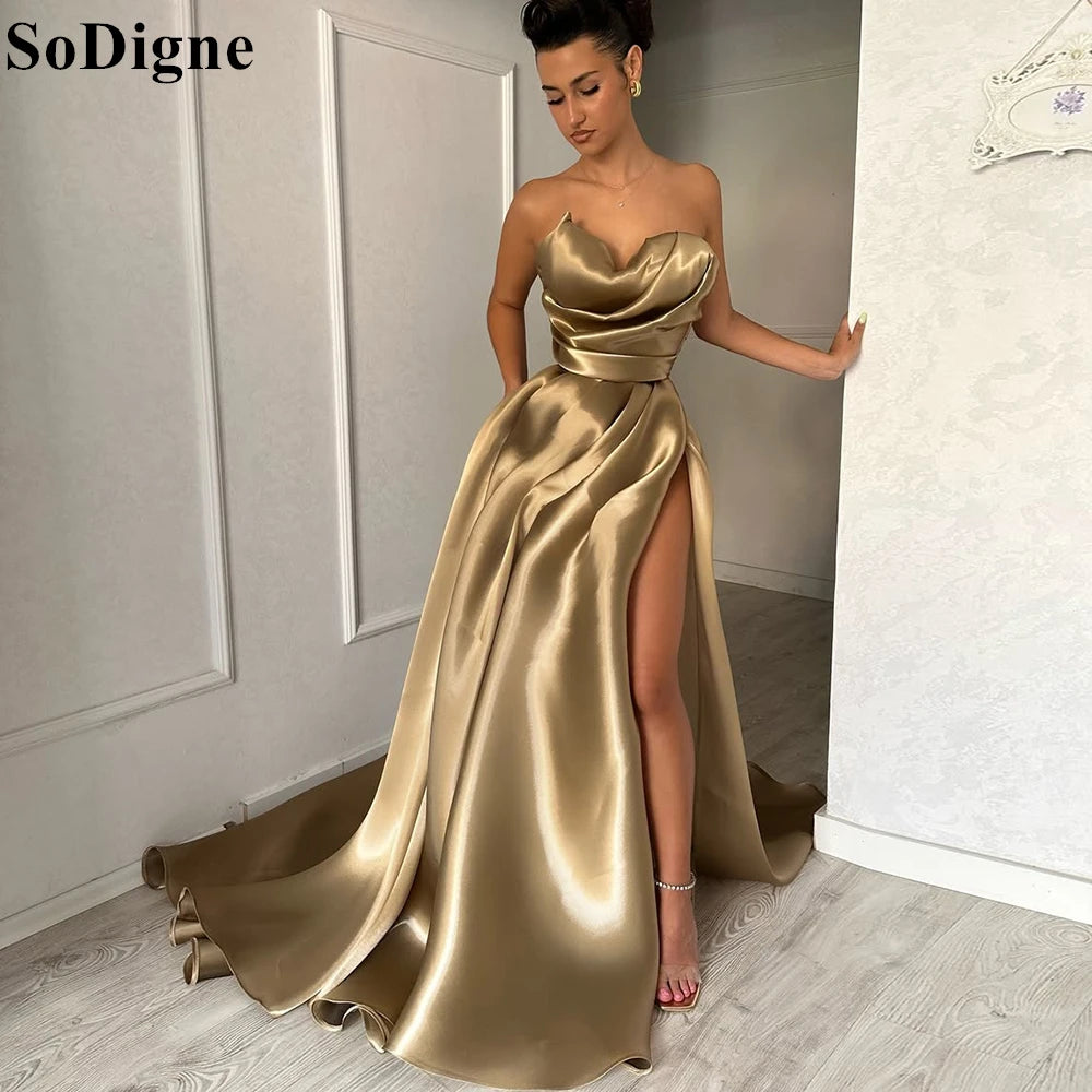 SoDigne Sexy Champagne Evening Dresses A-Line Draped High Split Strapless Pleated Party Dress 2025 Elegant Prom Gowns Customized
