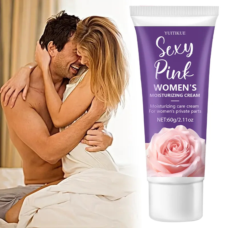 Couple embracing with a tube of 'Sexy Pink Women's Moisturizing Cream' in the foreground.