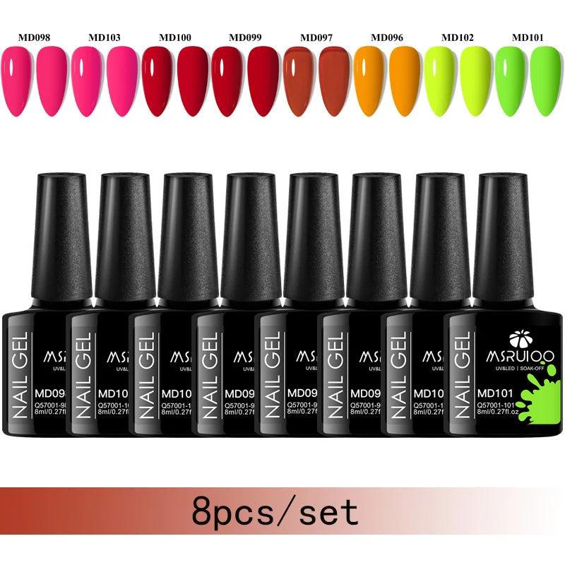 MSRUIOO 8pc Gel Nail Polish Kits Summer Colorful Semi Permanent UV LED Gel Polish Set Glitter Nail Art Varnish Design Manicure