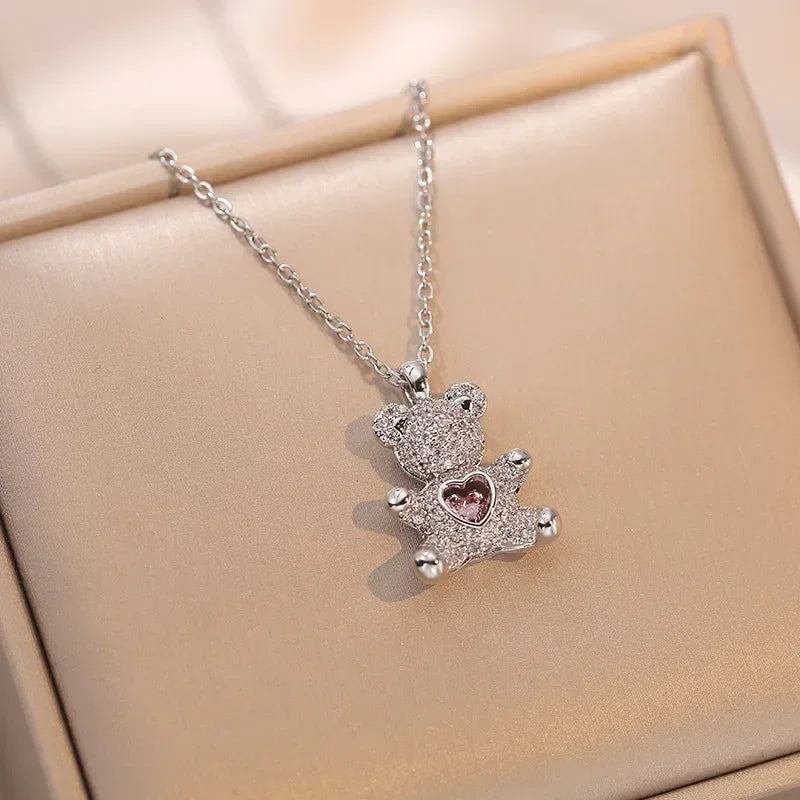Gold Color Stainless Steel Chain Cute Shiny Zircon Bear Pendant Necklaces for Women Girls Lovely Luxury Jewelry Accessories Gift