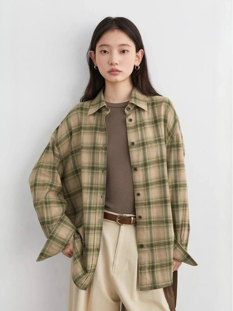 Long Sleeve Plaid Shirt Casual Loose Fit Autumn Blouse