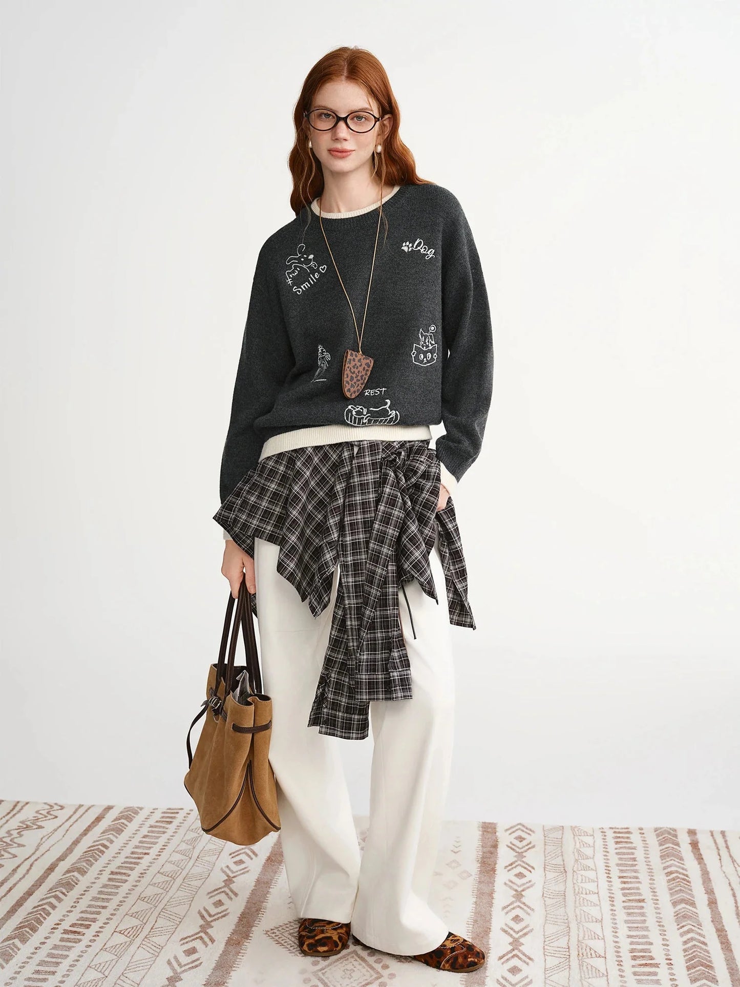 Plus Size Embroidered Round Neck Sweater Cute Winter Knit