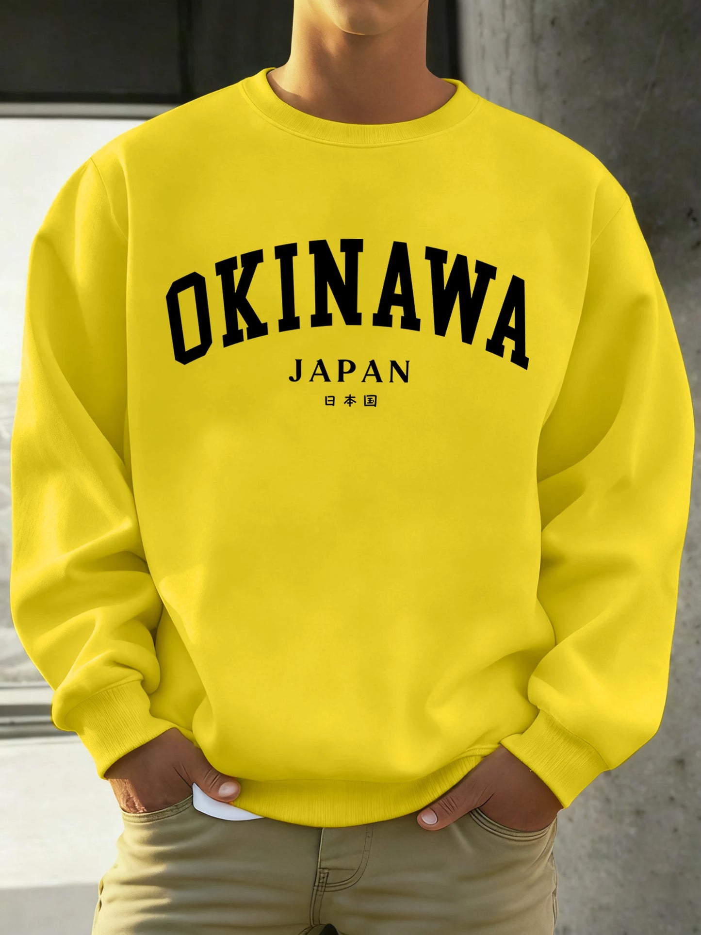 Okinawa Japan Letter Printed Male Sweatshirt Hip Hop Simple Long Sleeve Fleece Trendy Pullovers Unisex Loose All-Match Clothes