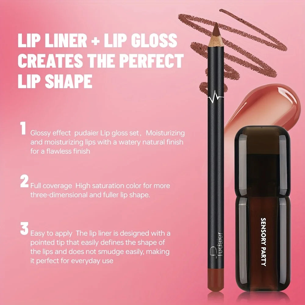 Pudaier Lip Gloss & Lip Liner Set, Hydrating Long Lasting Waterproof Non-Smudge Lip Makeup, Smooth Lip Kit for Women