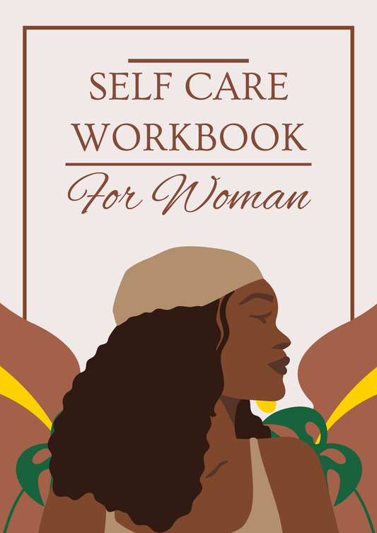 Cover of 'Self Care Workbook for Women' with a stylized illustration of a woman on a beige background.