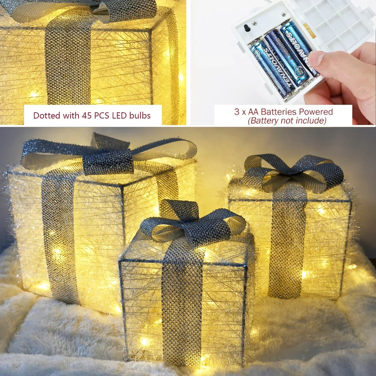 Set of 3 LED Christmas Lighted Gift Boxes-2
