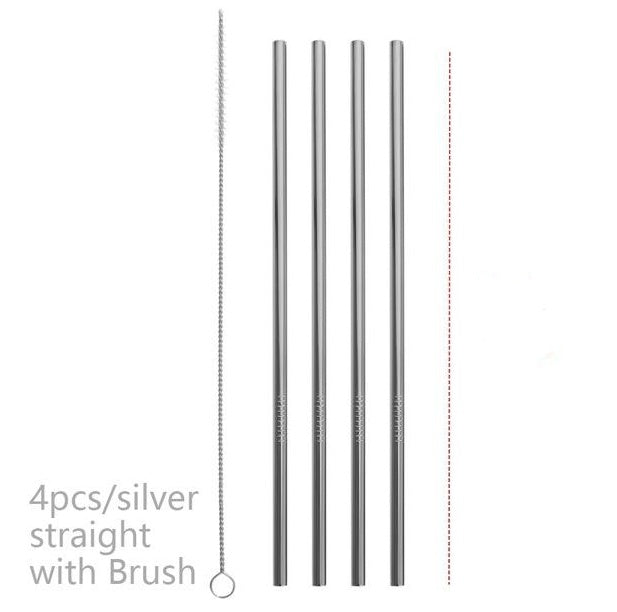 Set of four silver straight straws with a brush on a white background