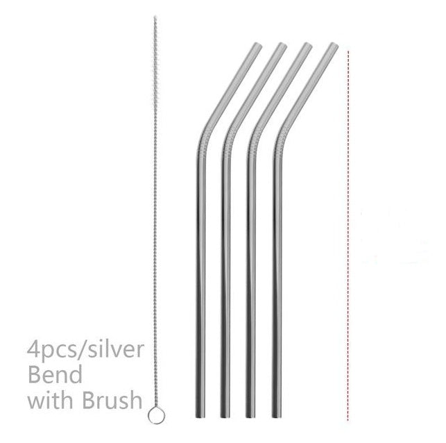 Four silver bend straws with a brush on a white background