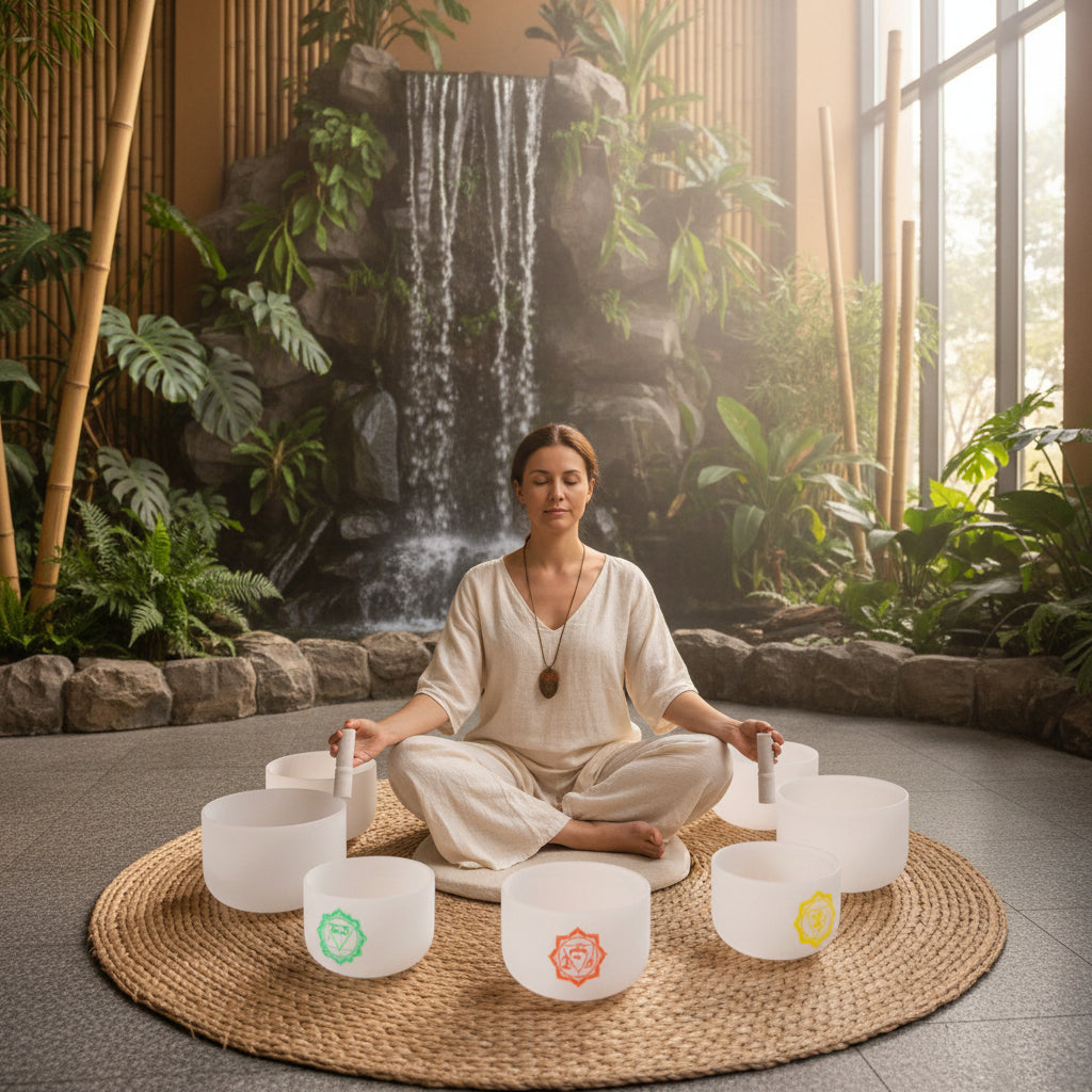Set of small white bowls with colorful symbols on a woven mat Set of small white bowls with colorful symbols on a woven mat - Seven Chakra Crystal Buddha Sound Bowl multicolor rainbow chakra Crystal Buddha sound bath