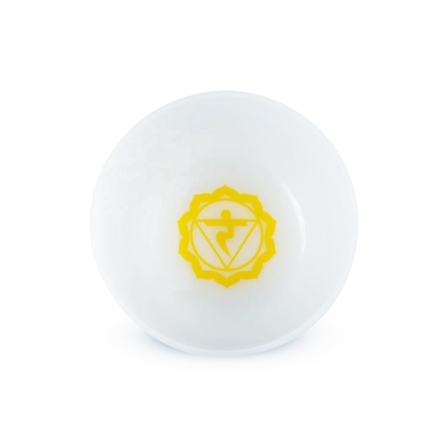 White ball with a yellow emblem on a white background Set of small white bowls with colorful symbols on a woven mat - Seven Chakra Crystal Buddha Sound Bowl multicolor rainbow chakra Crystal Buddha sound bath