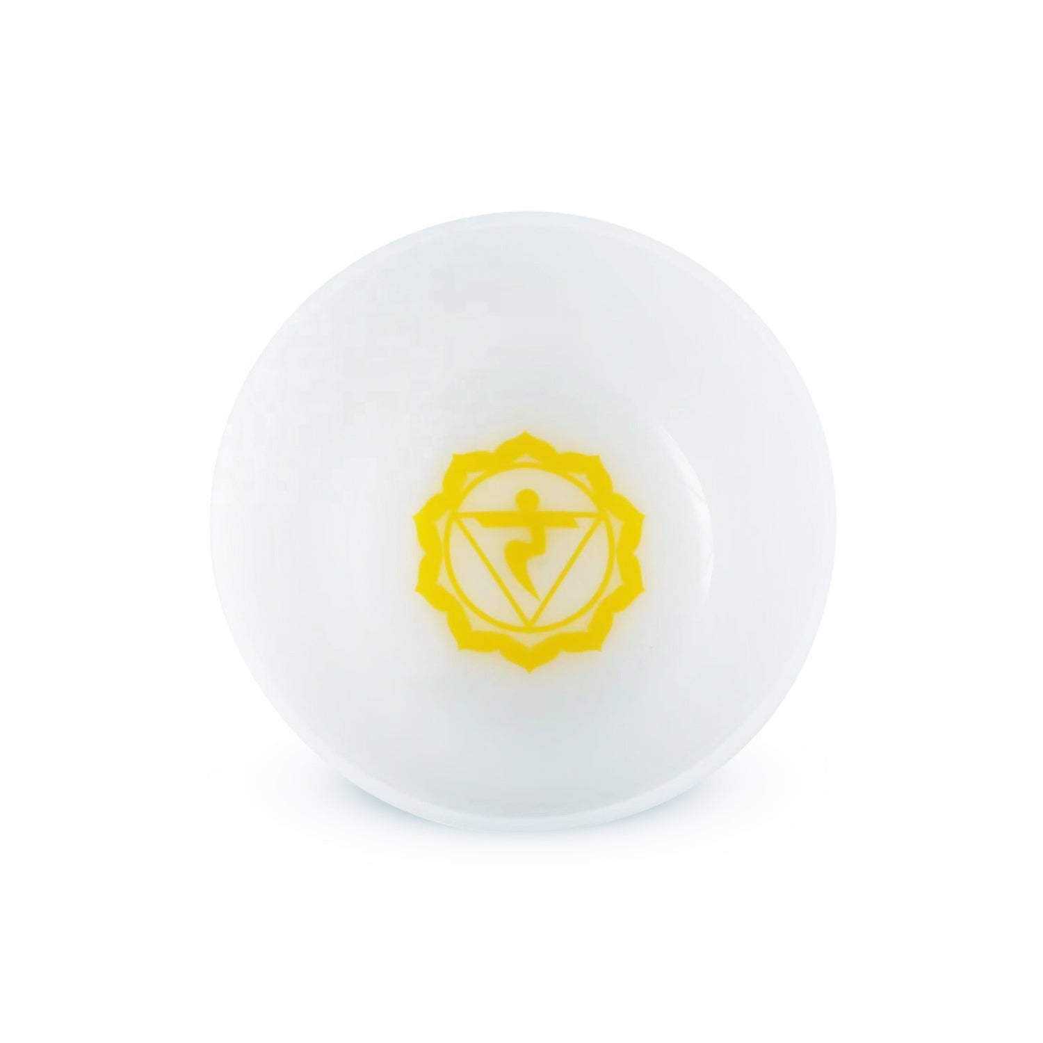 White ball with a yellow emblem on a white background Set of small white bowls with colorful symbols on a woven mat - Seven Chakra Crystal Buddha Sound Bowl multicolor rainbow chakra Crystal Buddha sound bath