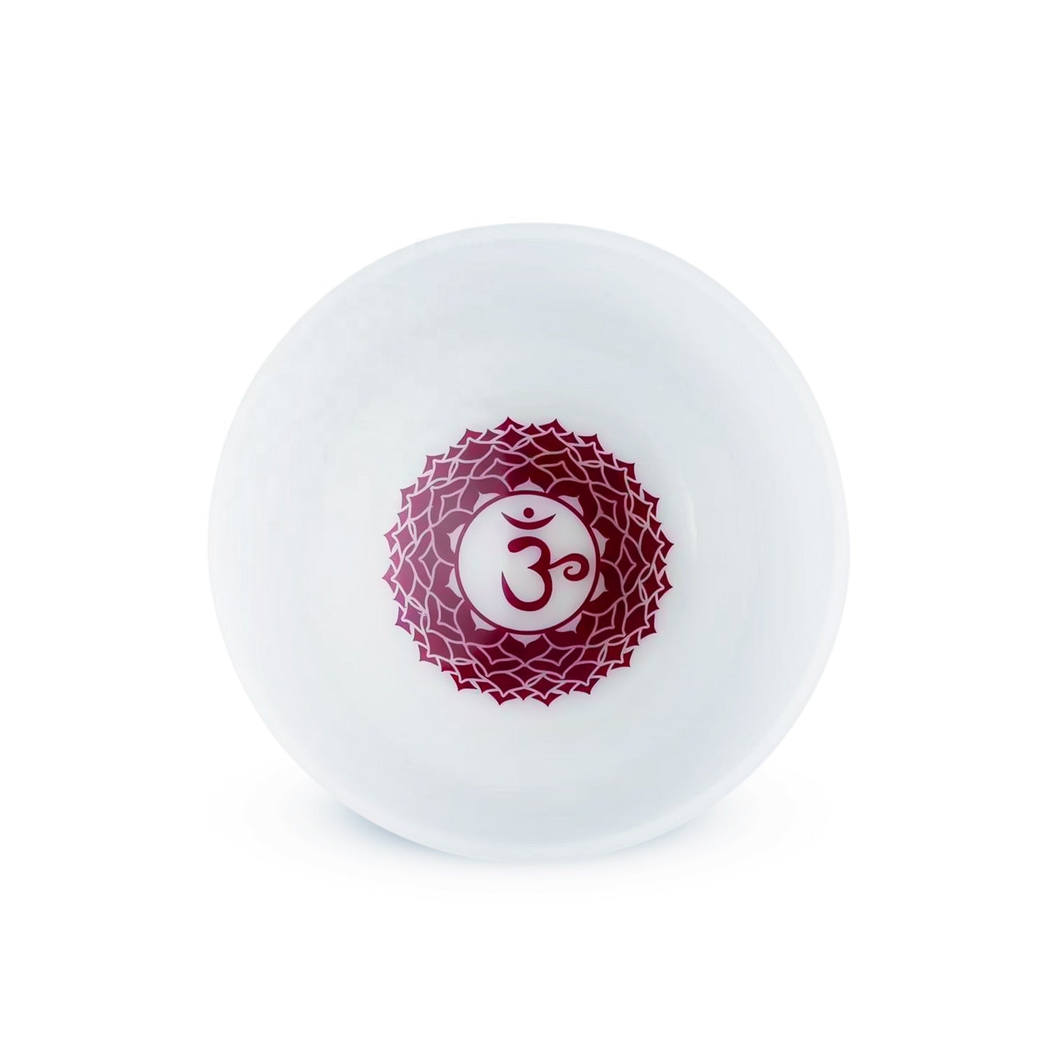 White ball with a red OM symbol design on a white background Set of small white bowls with colorful symbols on a woven mat - Seven Chakra Crystal Buddha Sound Bowl multicolor rainbow chakra Crystal Buddha sound bath