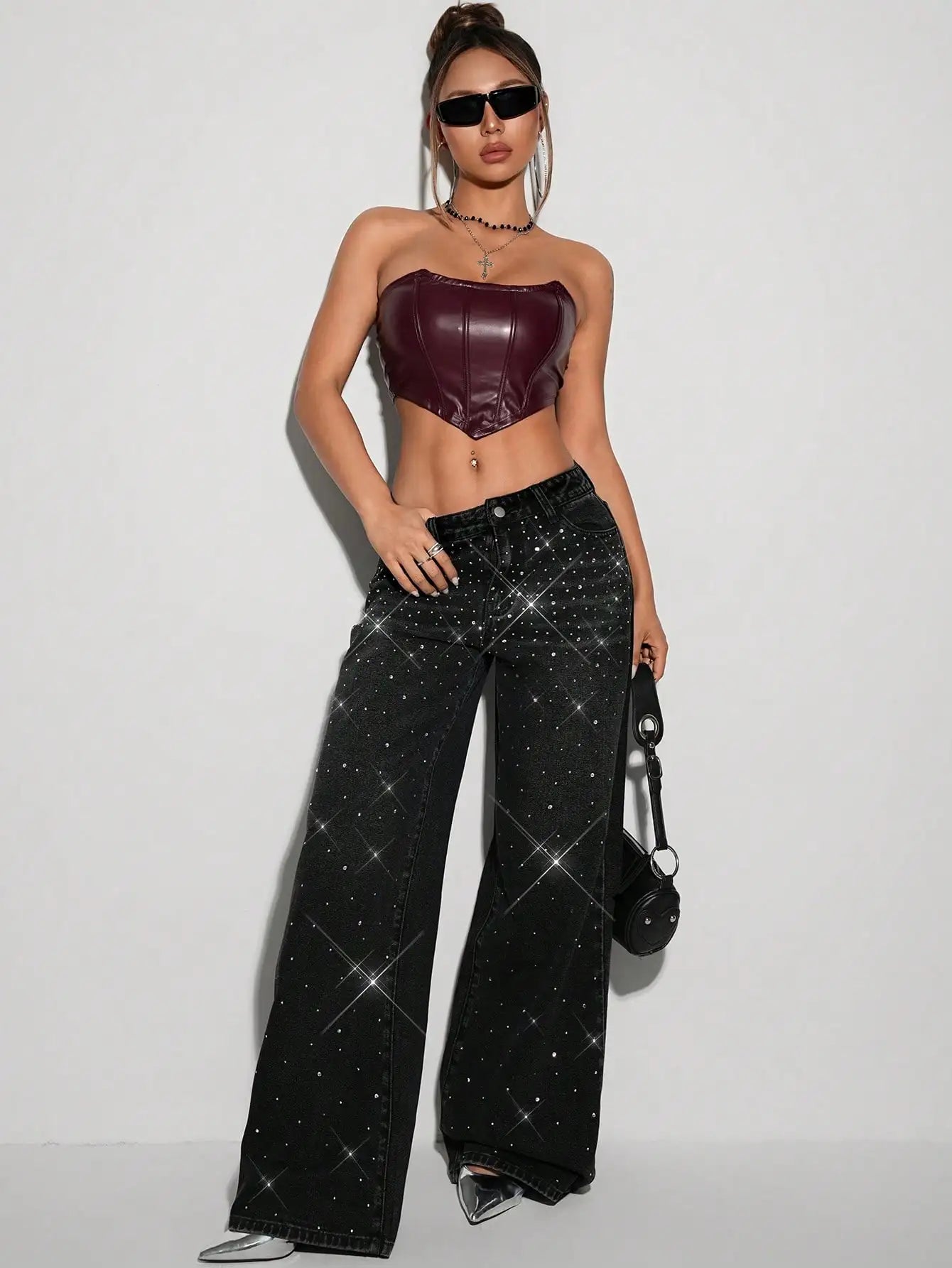 Women's Black Rhinestone Embellished Wide Leg Jeans - Y2K Sparkle Party Pants